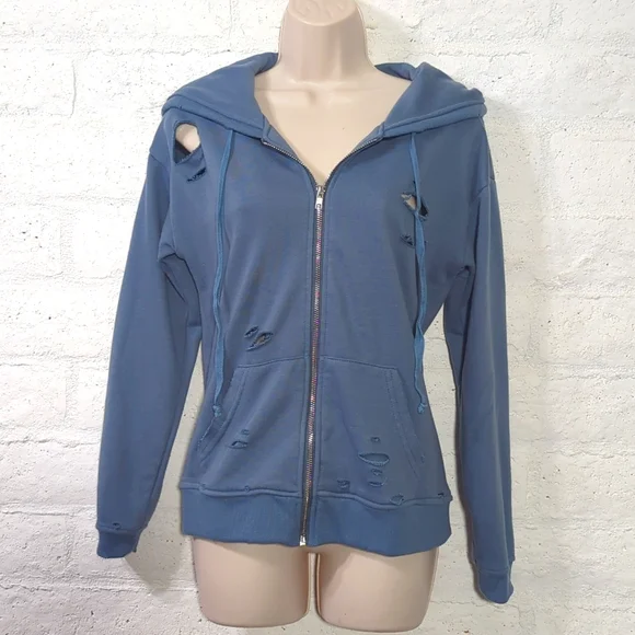 🚨 3/$15!! Distressed/Torn Blue Zip Up Hoodie - Picture 3 of 10
